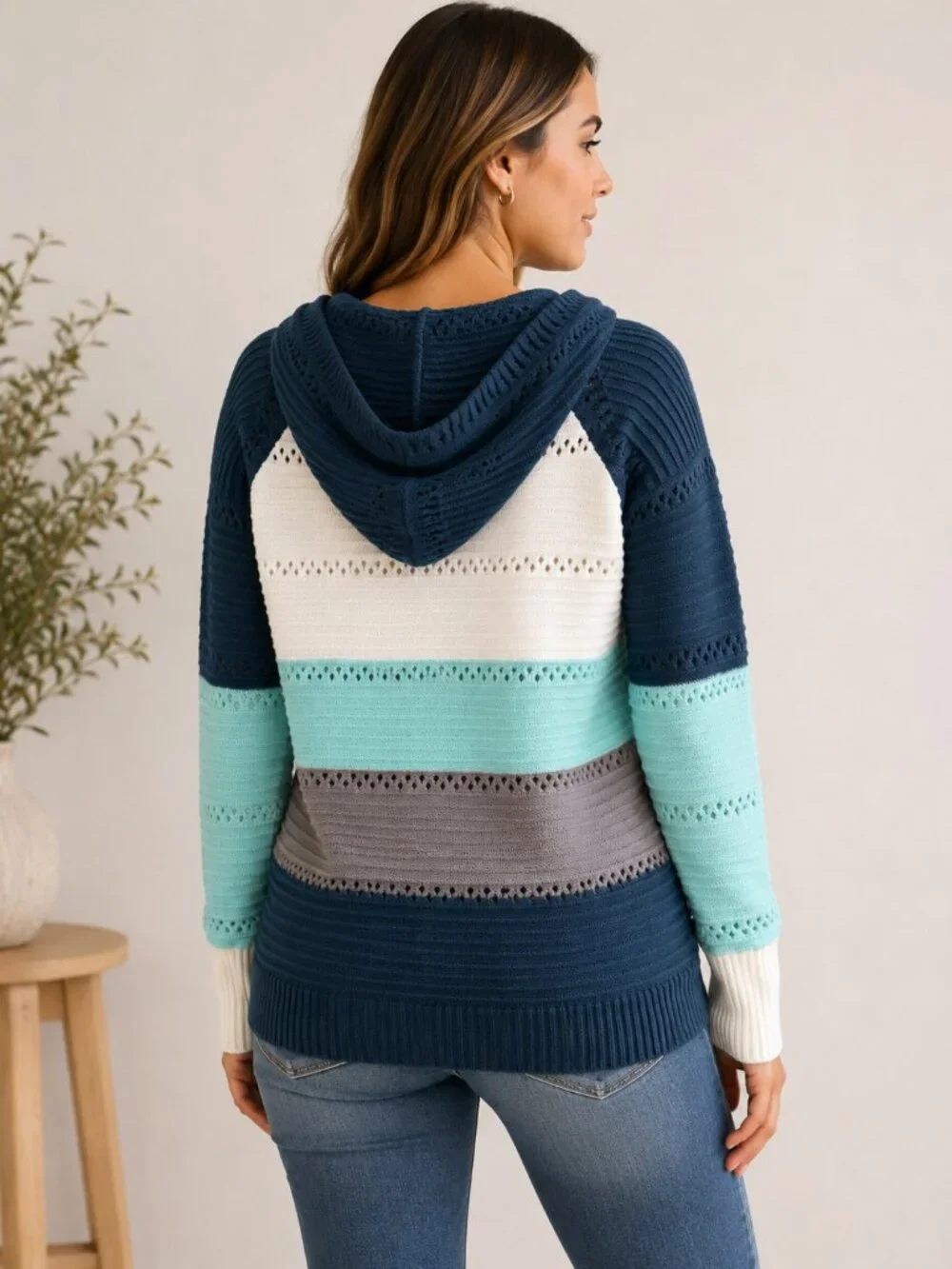 Boho Color Block Knit Hoodie Sweater Soft Cozy Lightweight Pullover Top Medium